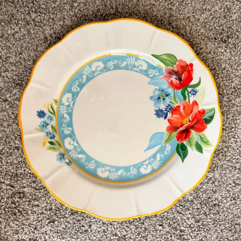 Pioneer Woman Spring Bouquet Scalloped Dinner Plate Floral Yellow Rim